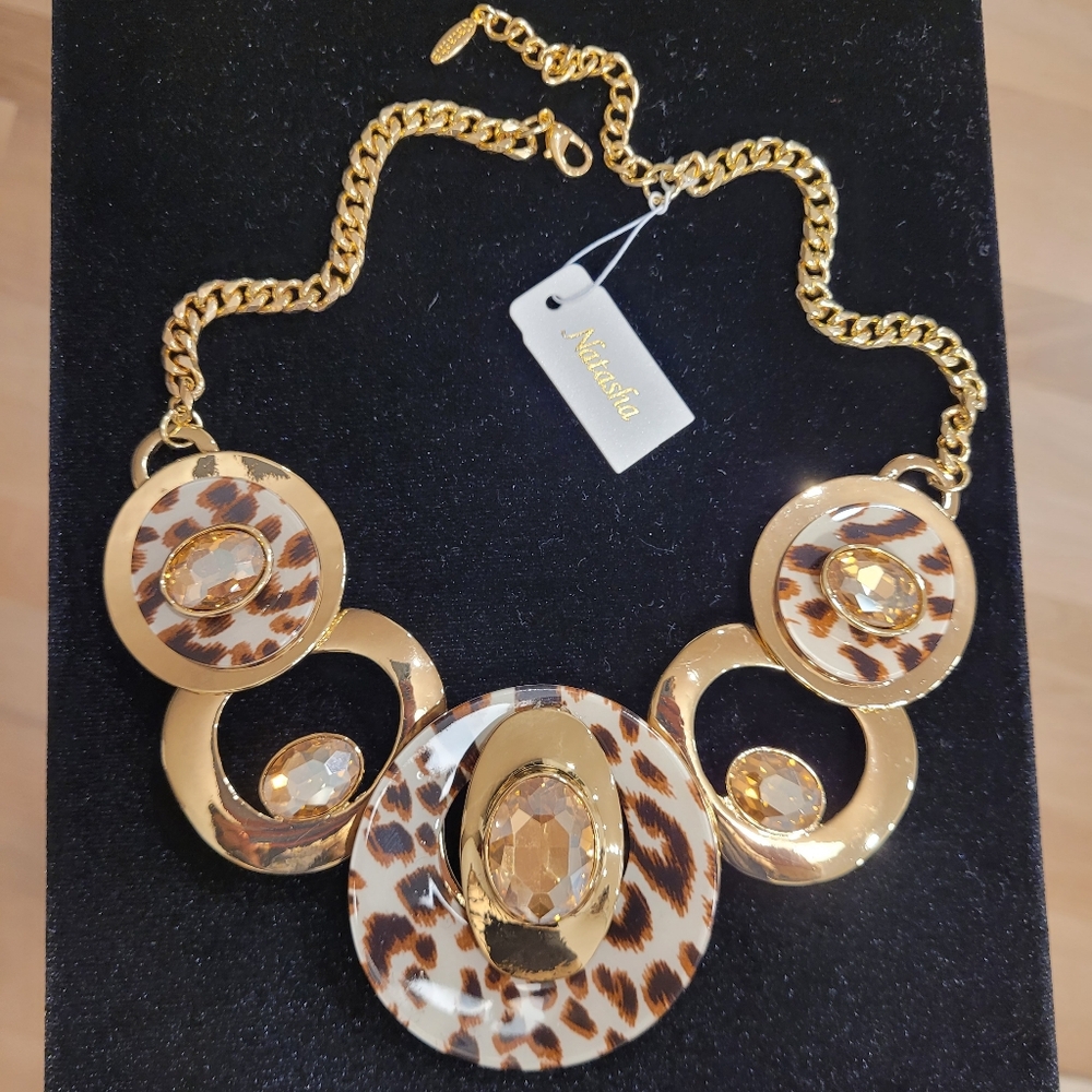 Leopard Print Statement Necklace. Gold Tone. Sparkling Crystal Accents. Natasha. - Picture 5 of 17